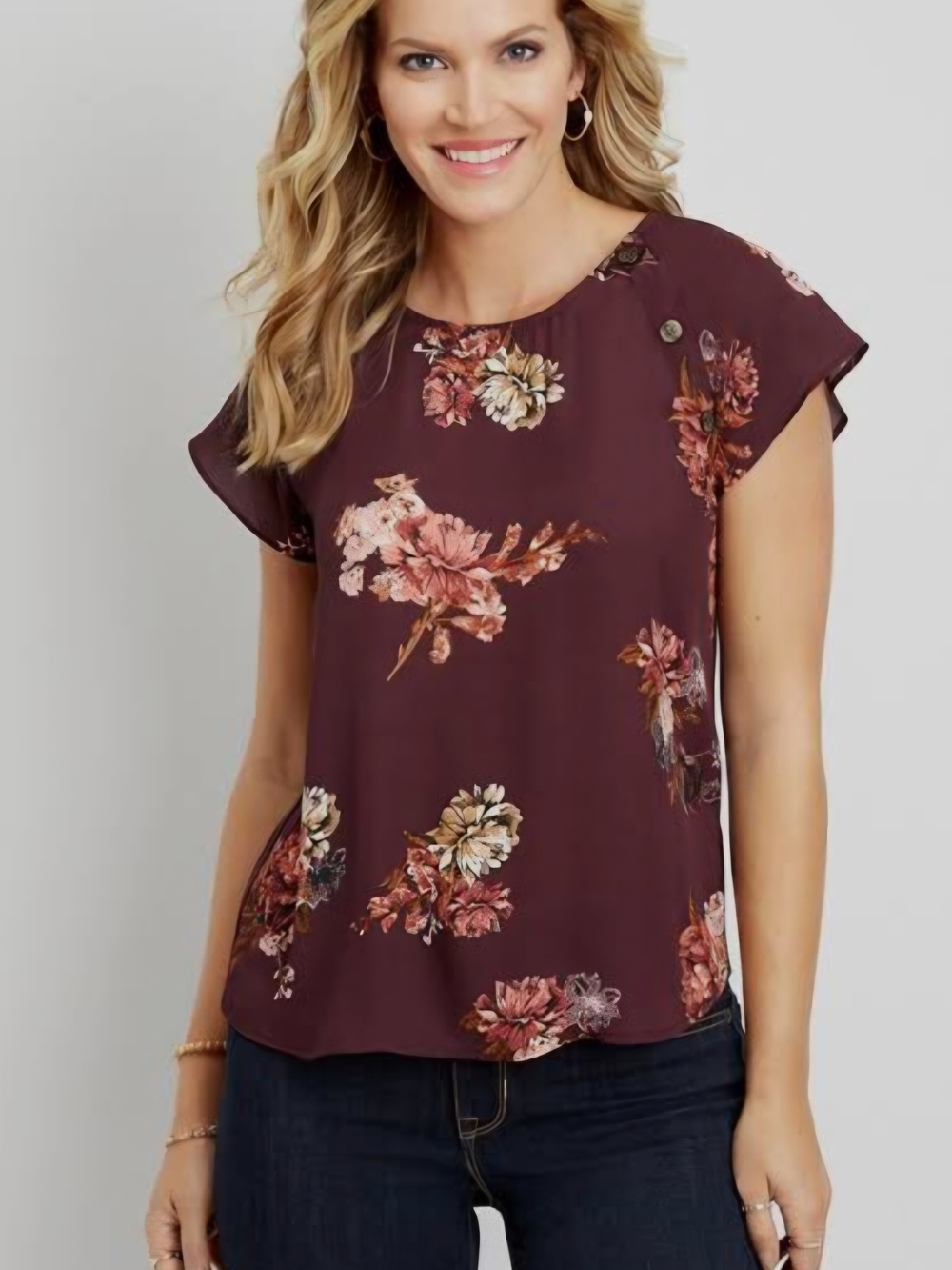 Maurices Floral Flutter Sleeve Top - Burgundy Multi